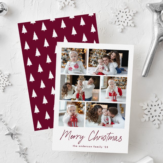 Merry Christmas Wine Script 6 Photo Collage Holiday Card (Creator Uploaded)