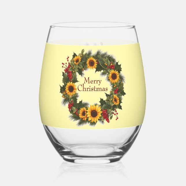 Merry Christmas Wine Sunflower Wreath Holly Joy Stemless Wine Glass (Front)