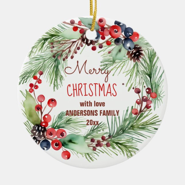 Merry Christmas winter berries pines wreath photo Ceramic Tree Decoration (Front)