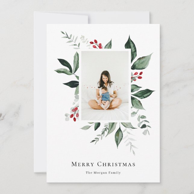 Merry Christmas Winter Berry Botanical Photo Holiday Card (Front)