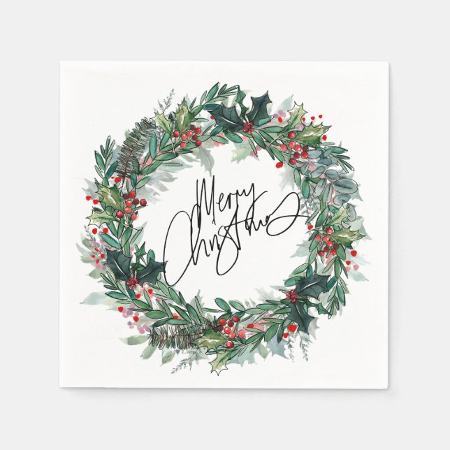 Merry Christmas Winter Berry Wreath Holiday Napkin (Front)