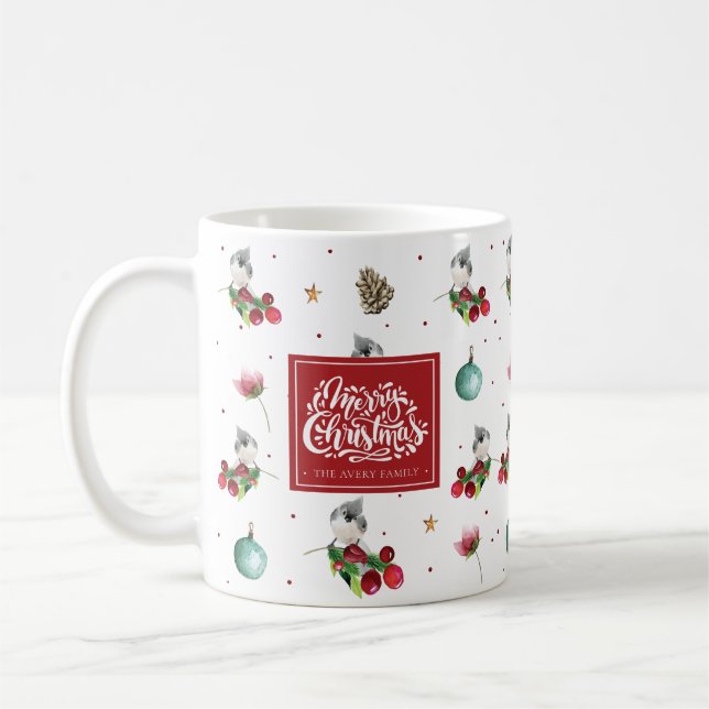 Merry Christmas Winter Bird Pattern Personalised Coffee Mug (Left)