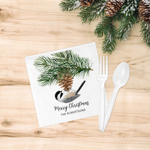Merry Christmas Winter Chickadee on Pinecone  Napkin