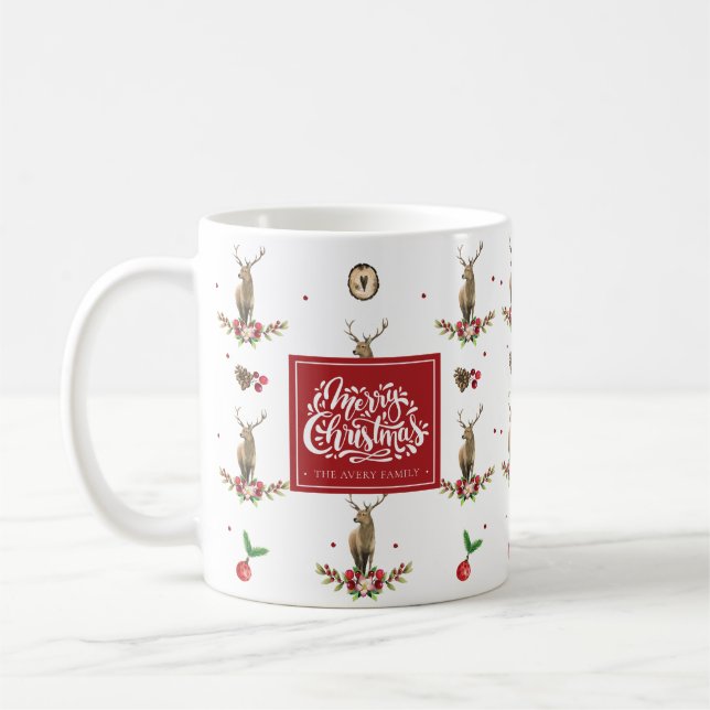 Merry Christmas Winter Deer Pattern Personalised Coffee Mug (Left)