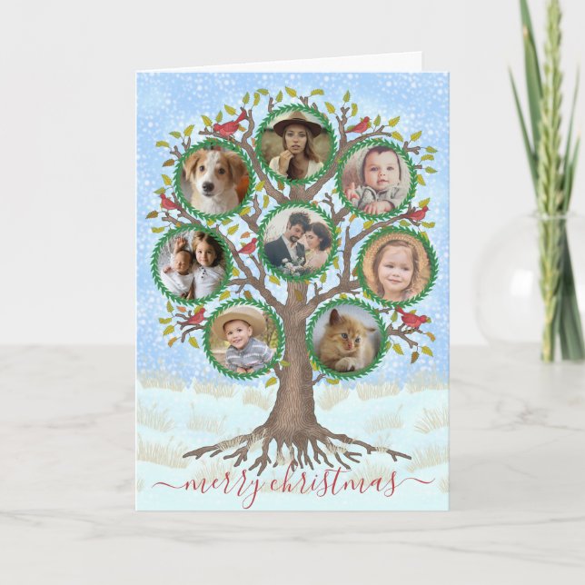 Merry Christmas Winter Family Tree 8 Photo Collage Holiday Card (Front)