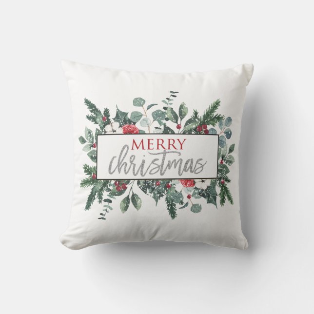 Merry Christmas winter floral Black Plaid Cushion (Front)
