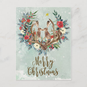 merry christmas winter floral hares postcard