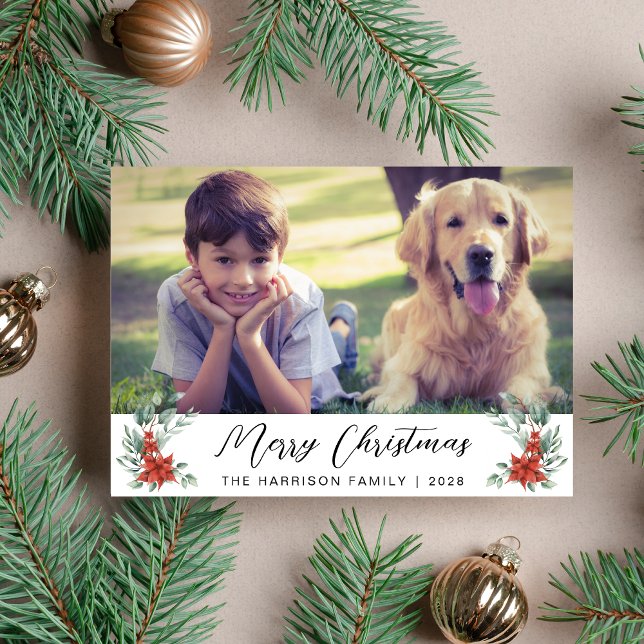Merry Christmas Winter Florals Photo Holiday Card (Share the love and warmth of the holiday season with a personalized photo Christmas card)