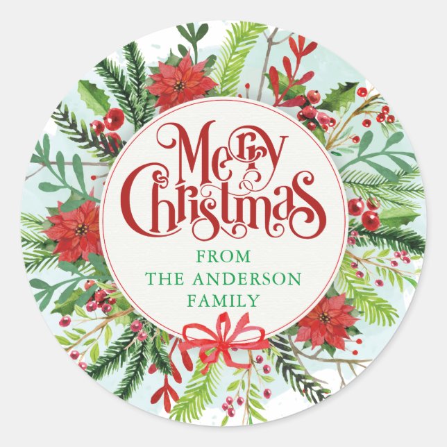 Merry Christmas Winter Flowers Wreath Classic Round Sticker (Front)