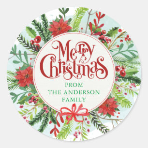 Merry Christmas Winter Flowers Wreath Classic Round Sticker