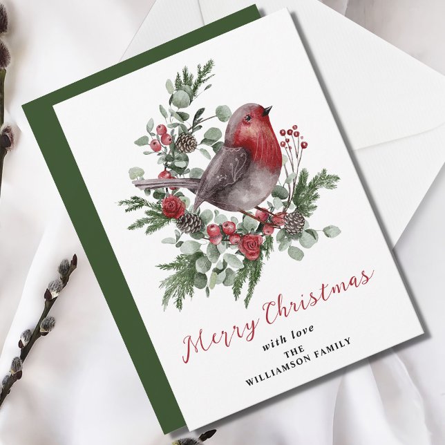 Merry Christmas Winter Foliage Red Robin Holiday Card (Creator Uploaded)