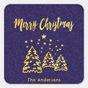 Merry Christmas winter forest blue glitter gold Square Sticker