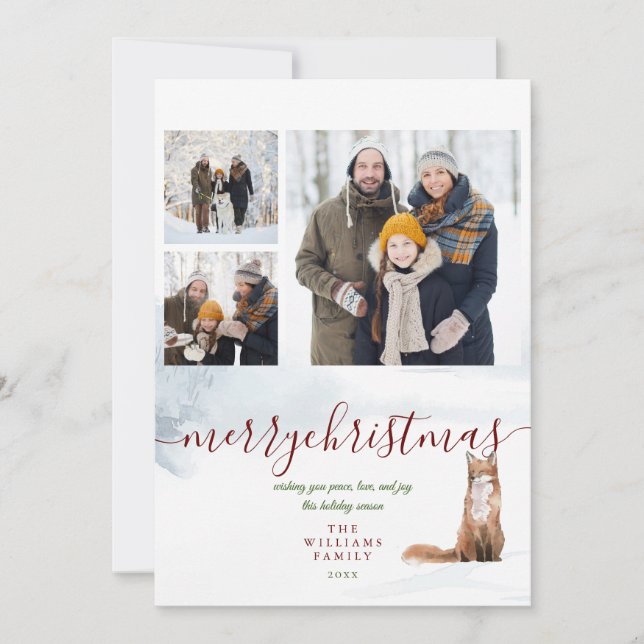 Merry Christmas Winter Fox 3 Photo Collage Holiday Card (Front)