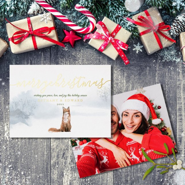 Merry Christmas Winter Fox Photo Gold Foil Holiday Card (Creator Uploaded)