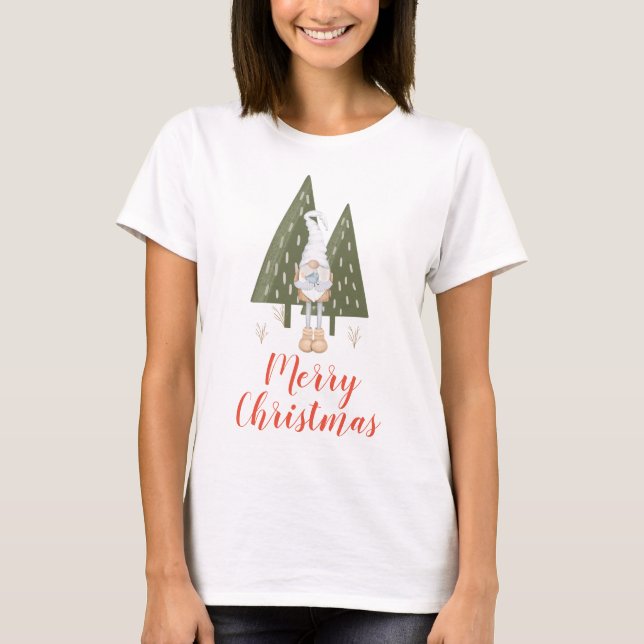 Merry Christmas Winter Gnome and Bluebird T-Shirt (Front)