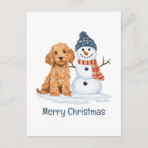 Merry Christmas Winter Goldendoodle Dog Snowman Postcard