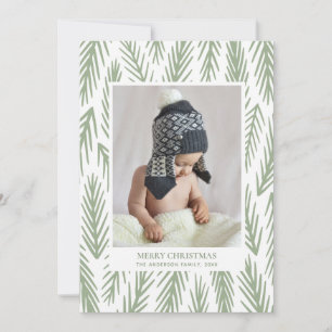 Merry Christmas. Winter green pines pattern photo Holiday Card