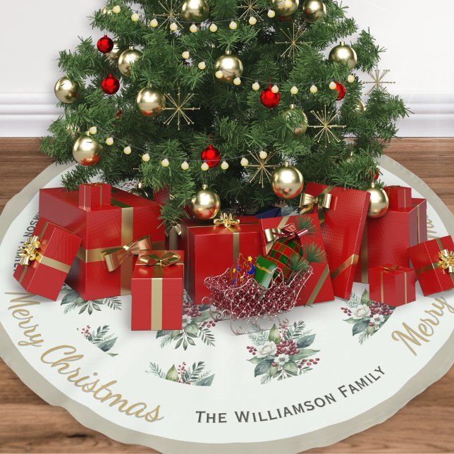 Merry Christmas Winter Greenery Botanical Custom Brushed Polyester Tree Skirt (An elegant personalized Christmas tree skirt, patterned with flowers, greenery and berries)
