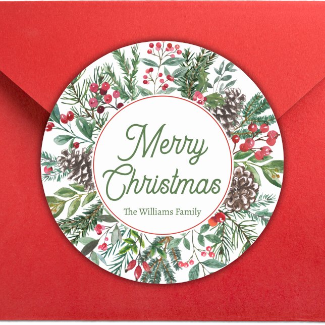 merry christmas winter greenery green calligraphy  classic round sticker (Creator Uploaded)