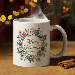 merry christmas winter greenery green script coffee mug