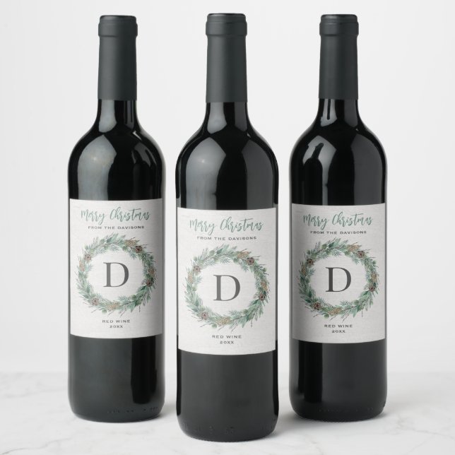 Merry Christmas Winter Greenery Monogram Wreath Wine Label (Bottles)