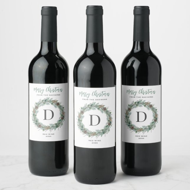 Merry Christmas Winter Greenery Monogram Wreath Wine Label (Bottles)