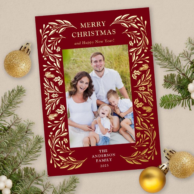 Merry Christmas Winter Greenery Photo Gold Foil Holiday Card (Gold Foil Christmas Card)