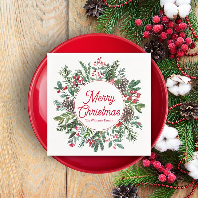 merry christmas winter greenery red script chic napkin (Creator Uploaded)