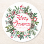 merry christmas winter greenery red script green round paper coaster<br><div class="desc">Incorporating winter greenery and a red script into your holiday decor can be achieved through the use of round paper coasters. These coasters can be both functional and decorative,  and are a great way to spread some holiday cheer throughout your space.</div>