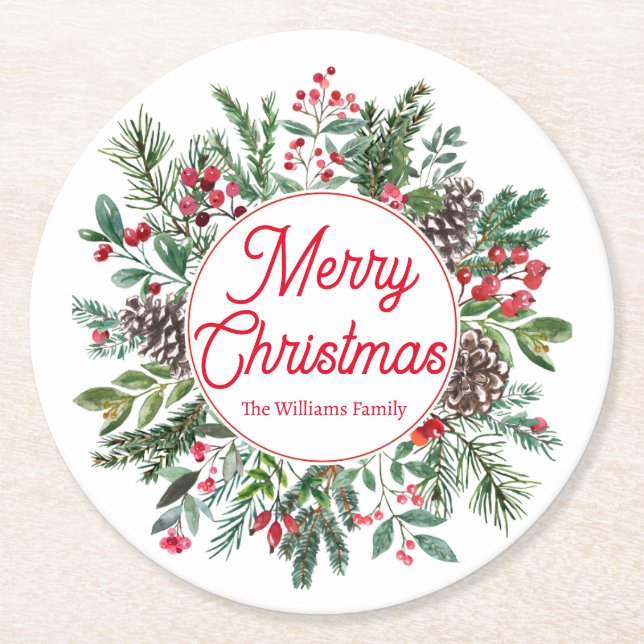 merry christmas winter greenery red script green round paper coaster (Front)