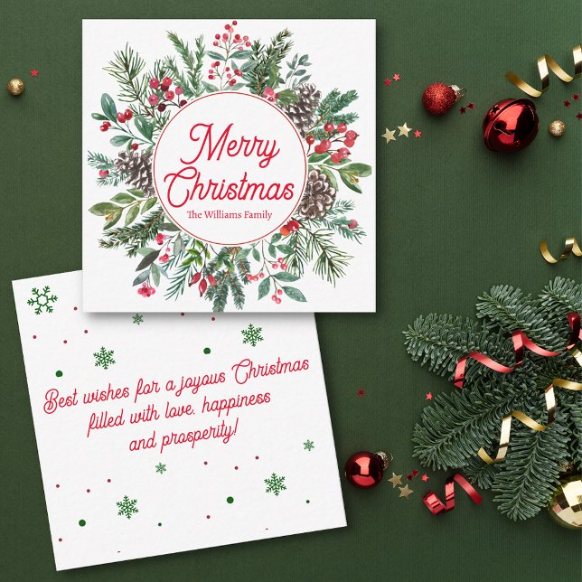 merry christmas winter greenery red script holiday card (Creator Uploaded)