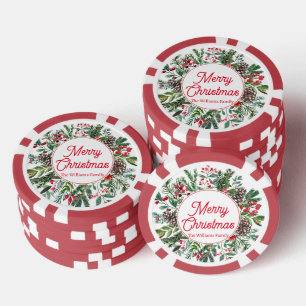 merry christmas winter greenery red script stylish poker chips