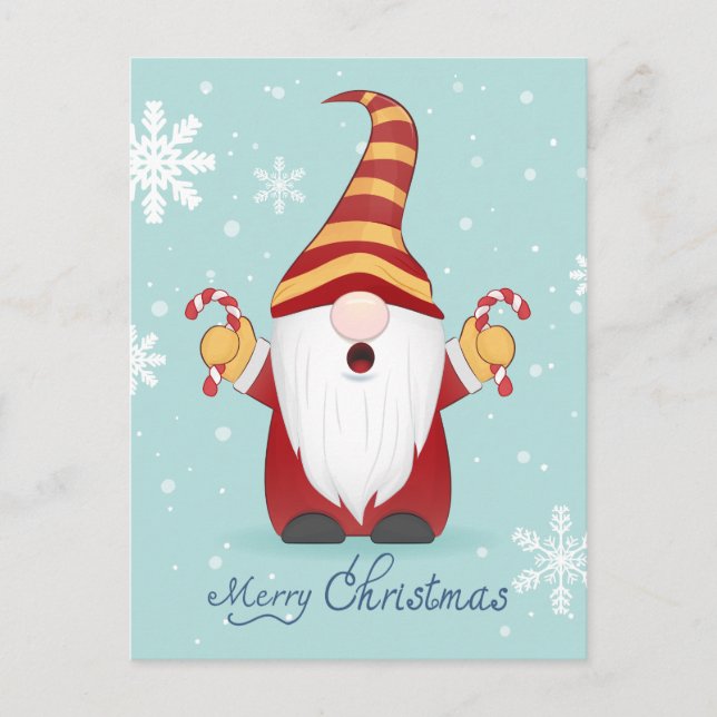 MERRY CHRISTMAS | Winter Holiday Candy Cane Gnome Postcard (Front)