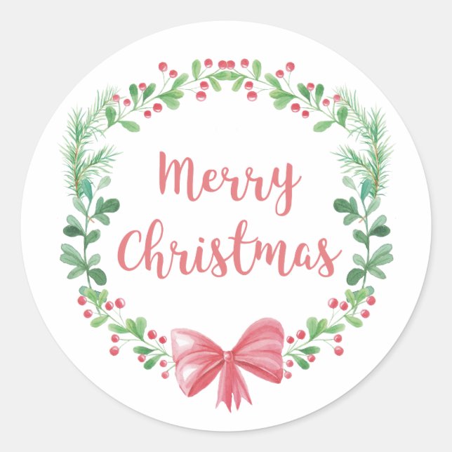 Merry Christmas. Winter holiday wreath. Pine Classic Round Sticker (Front)