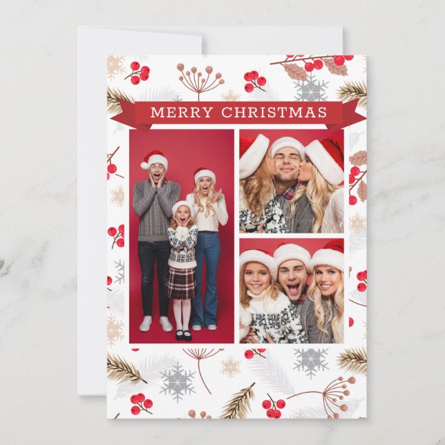 Merry Christmas Winter Modern Fir Holly 3 Photo (Front)