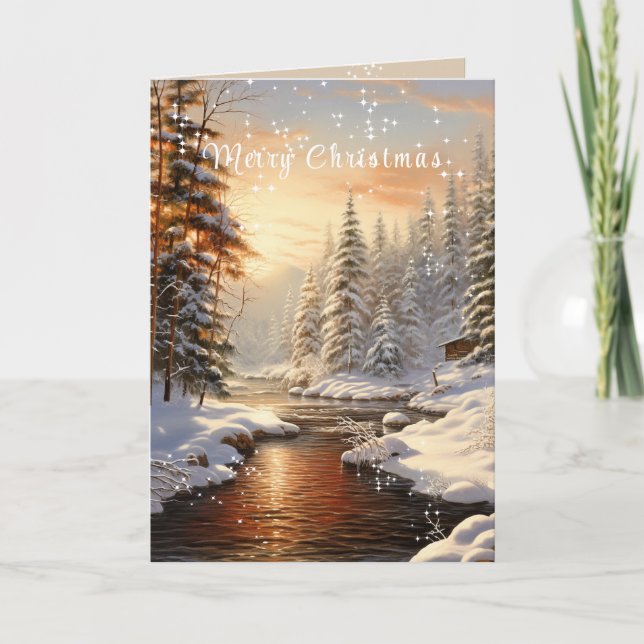 Merry Christmas Winter Pine Tree Forest River Sun Holiday Card (Front)