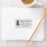 Merry Christmas Winter Pine Tree Return Address Label<br><div class="desc">Elegant "Merry Christmas" holiday card address label design features a rustic chic white wood grain background with a simple watercolor painted winter pine tree in a basket. Personalise the modern green and charcoal grey wording with a custom greeting and your return address text.</div>