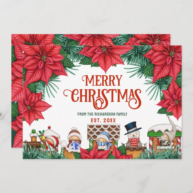 Merry Christmas Winter Poinsettia Red Custom Photo Holiday Card (Front/Back)