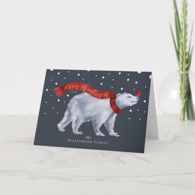 Merry Christmas Winter Polar Bear & Red Cardinal Holiday Card (Front)