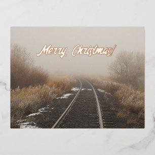 Merry Christmas Winter Railroad Tracks Photo      Foil Holiday Postcard