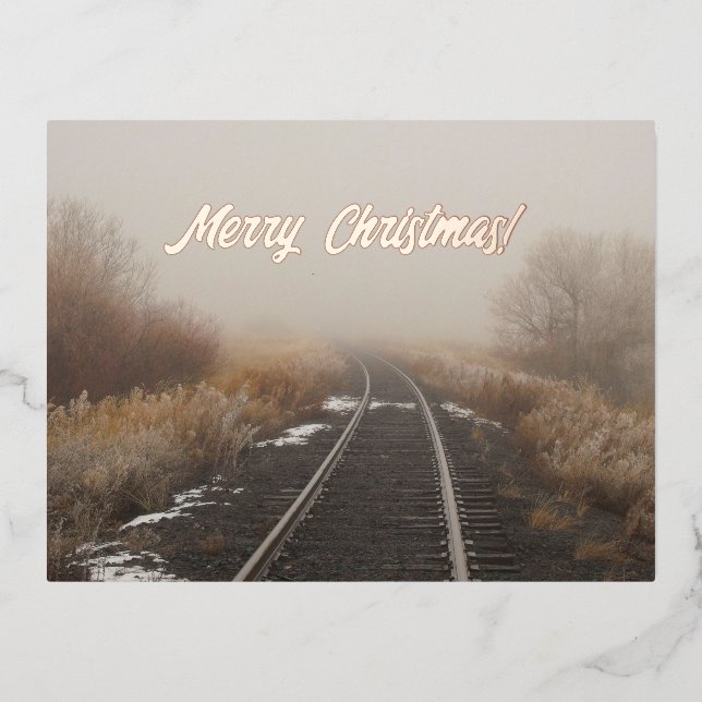 Merry Christmas Winter Railroad Tracks Photo      Foil Holiday Postcard (Front)