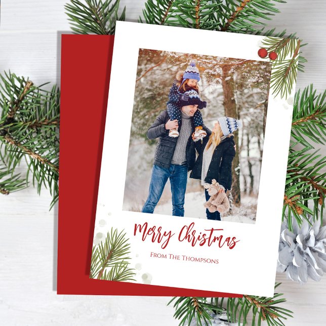 Merry Christmas Winter Red Holly Berries 1 Photo  Holiday Card (Merry Christmas cute calligraphy script holiday greenery photo greeting card)