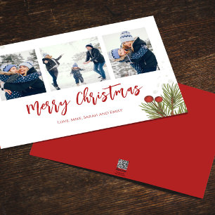Merry Christmas Winter Red Holly Berries 3 Photo Holiday Card