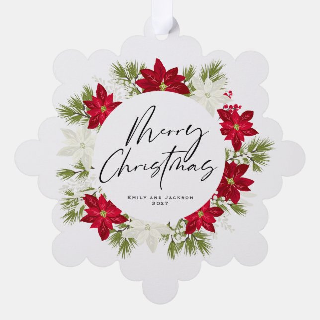 Merry Christmas Winter Red Poinsettia Wreath Tree Decoration Card (Back)