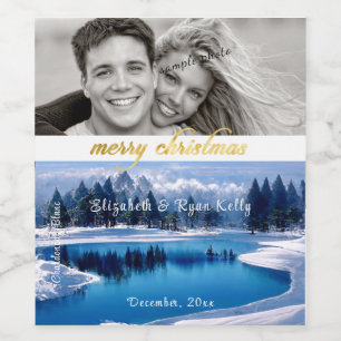 Merry Christmas Winter River Landscape Wine Label