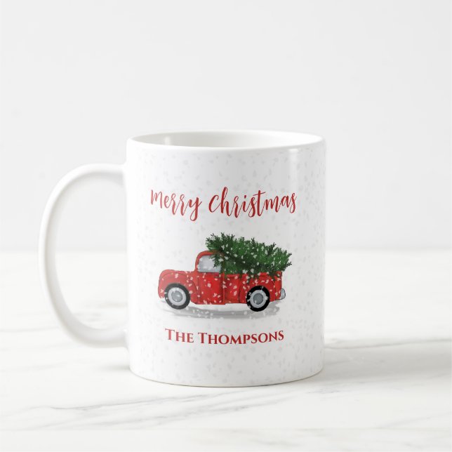 Merry Christmas Winter Rustic Red Truck Cute Snow Coffee Mug (Left)