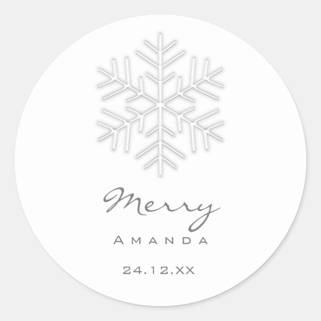 Merry  Christmas Winter Silver Grey Snowflake Classic Round Sticker (Front)