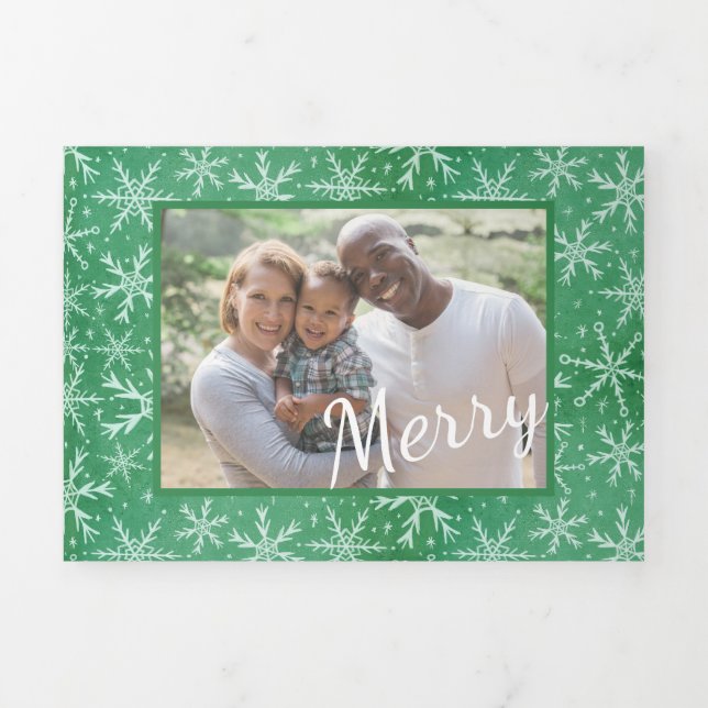 Merry Christmas Winter Snow Falling Green Photo Tri-Fold Holiday Card (Cover)
