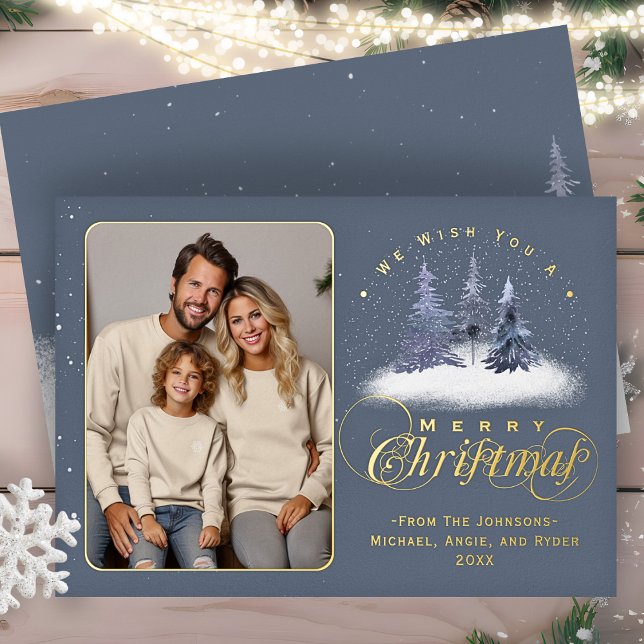 Merry Christmas Winter Snow Family Photo Gold Foil Holiday Card (Creator Uploaded)
