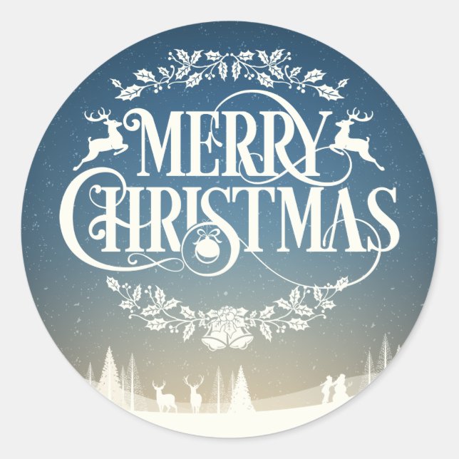 Merry Christmas Winter Snow Scene Classic Round Sticker (Front)